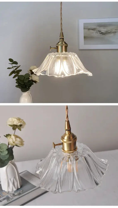 Clear glass flower pendant lights with brass-finished metal fixture and fluted petal design for home decor