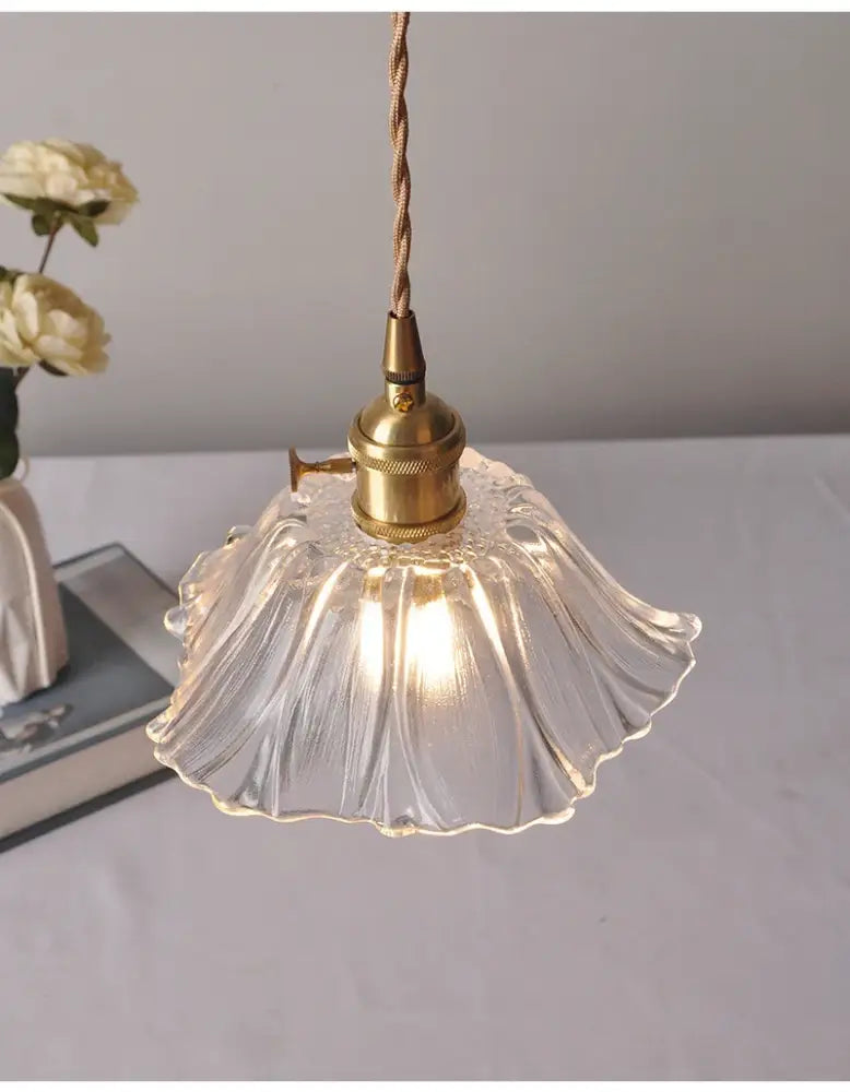 DecorBites vintage flower glass pendant lights with clear fluted glass, brass finish, and twisted cord for home decor