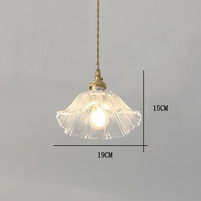 Clear fluted flower glass pendant light with brass fixture and twisted rope cord for vintage home decor by DecorBites™