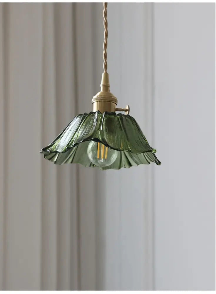 DecorBites™ vintage flower glass pendant lights featuring olive-green fluted glass and brass hardware for home decor