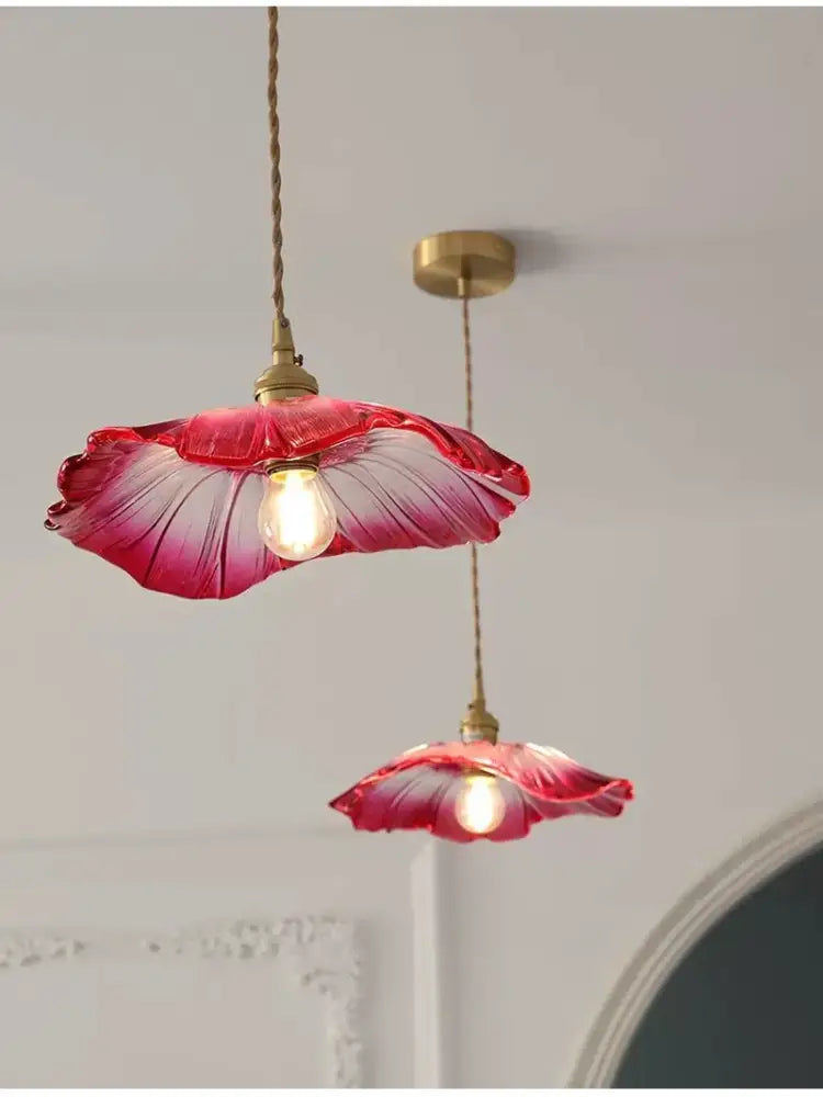 DecorBites™ vintage flower glass pendant lights feature delicate translucent red glass with brass hardware for home decor