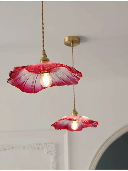 DecorBites™ vintage flower glass pendant lights feature delicate translucent red glass with brass hardware for home decor