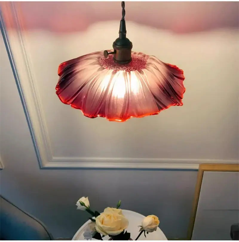 DecorBites™ vintage flower glass pendant lights feature hand-blown deep red to pink petal glass for home decor