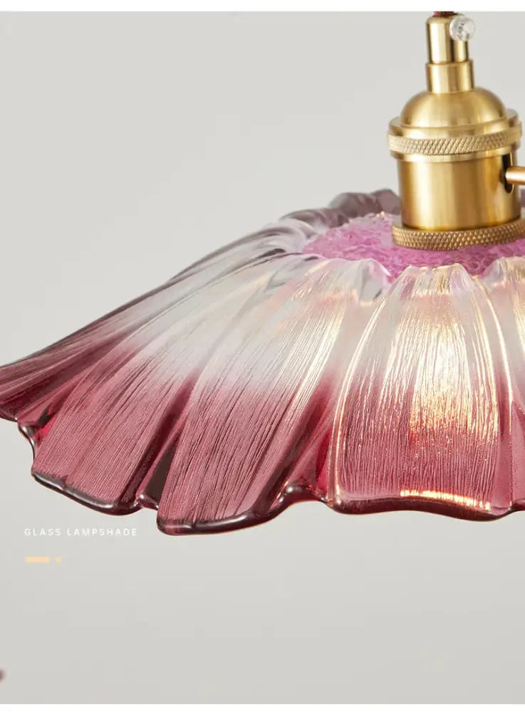 DecorBites vintage pendant lights feature a delicate pink flower glass lampshade with a brass home decor fixture
