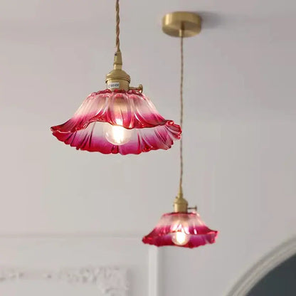 Decorbites vintage flower glass pendant lights feature a delicate pink gradient glass shade with brass fixture for home decor