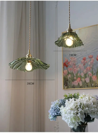 DecorBites™ vintage flower glass pendant lights featuring green leaf-shaped glass with brass accents for home decor