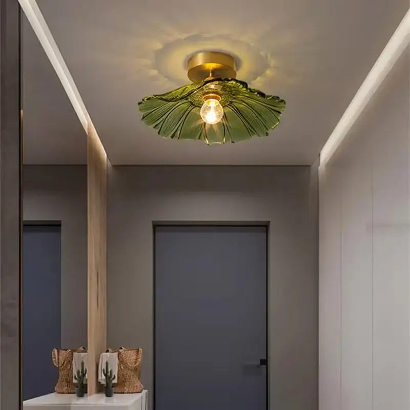 Decorbites vintage flower glass pendant lights featuring green leaf-shaped glass with brass-finished base for home decor