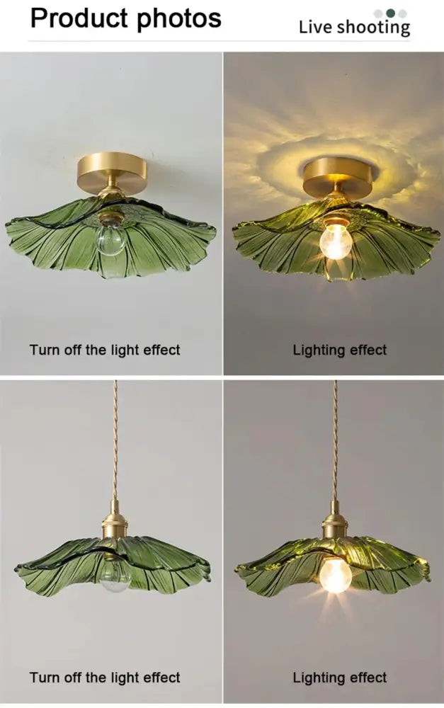Green glass flower pendant light with brass finish by DecorBites for stylish home decor and pendant lights collection