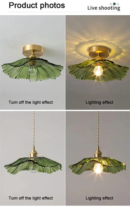 Green glass flower pendant light with brass finish by DecorBites for stylish home decor and pendant lights collection