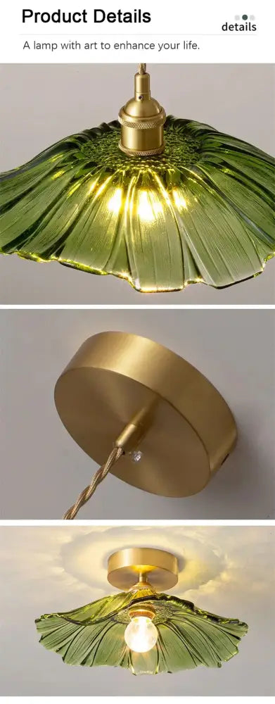 Decorbites vintage flower glass pendant lights with translucent green leaf-shaped shade and brass fixture for home decor