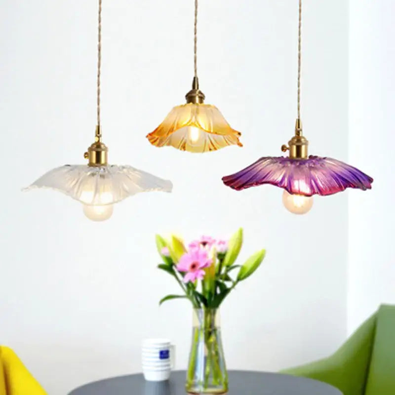 DecorBites™ vintage flower glass pendant lights with brass fixtures and translucent amber, purple, and clear shades for home decor