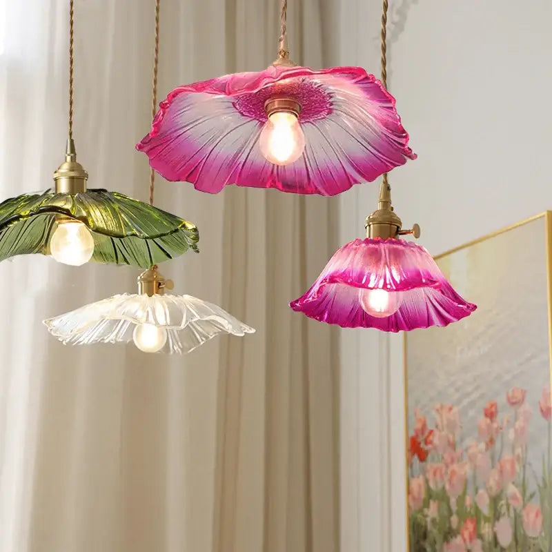 DecorBites™ vintage flower glass pendant lights in pink green and white translucent glass for stylish home decor