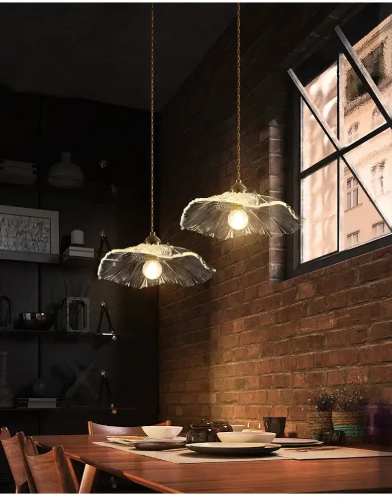 Two DecorBites vintage flower glass pendant lights with translucent leaf-shaped shades and warm brass chains for home decor