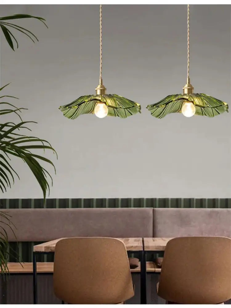 Two elegant green leaf-shaped decorbites vintage flower glass pendant lights with brass fixtures for home decor