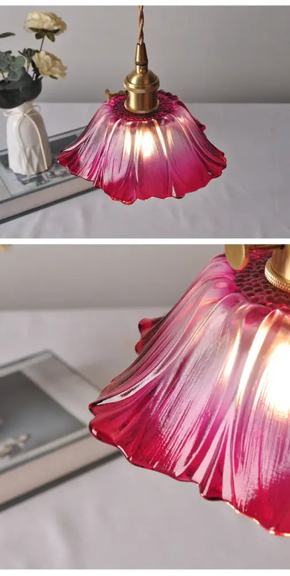 Decorbites vintage flower glass pendant lights featuring vibrant pink gradient glass with brass fixture for home decor