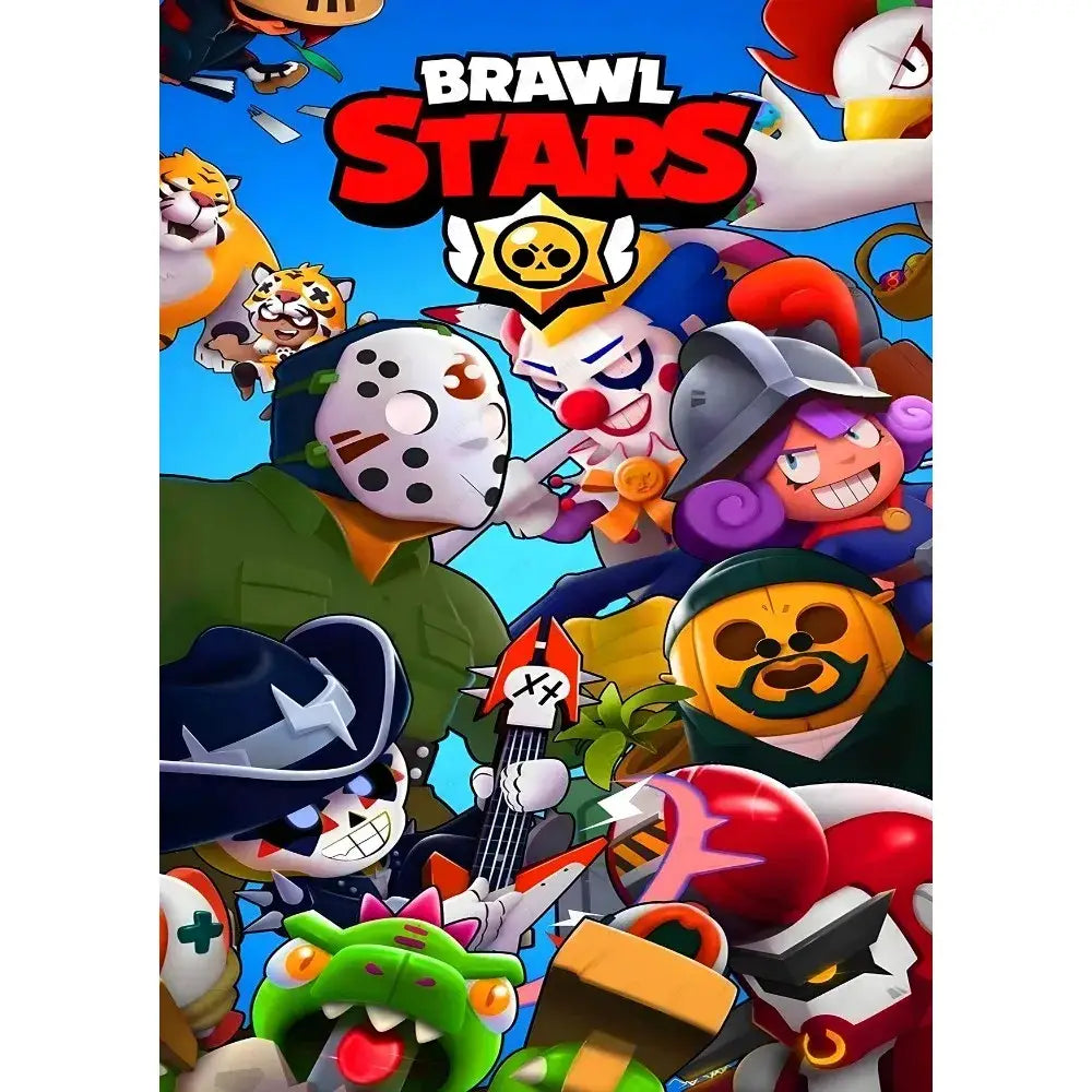 Decorbites™ vintage game poster wall art featuring the brawl stars logo with bold red and black lettering above a yellow skull emblem