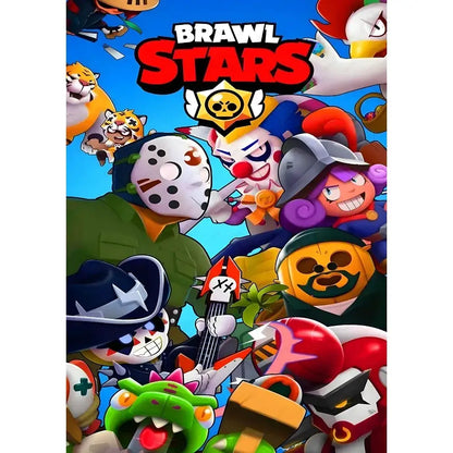 Decorbites™ vintage game poster wall art featuring the brawl stars logo with bold red and black lettering above a yellow skull emblem