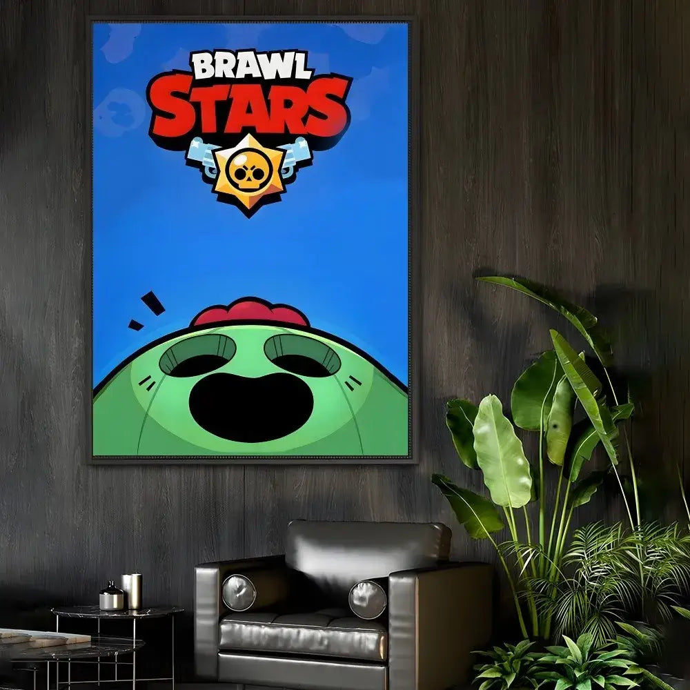 Decorbites™ vintage game poster wall art featuring brawl stars green character with red hair and game logo on blue background
