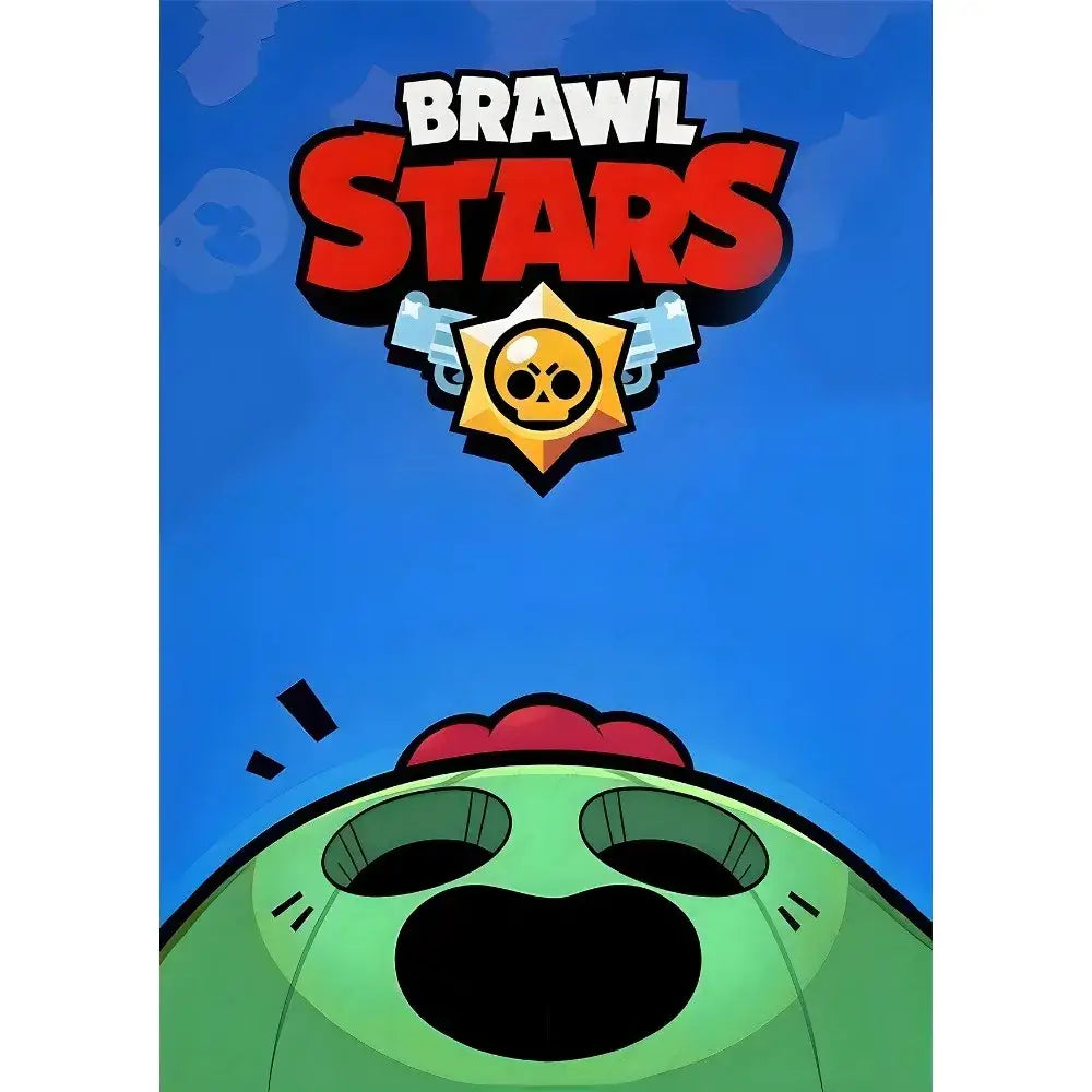 DecorBites™ vintage game poster wall art featuring Brawl Stars logo with yellow star skull and pistols on blue background