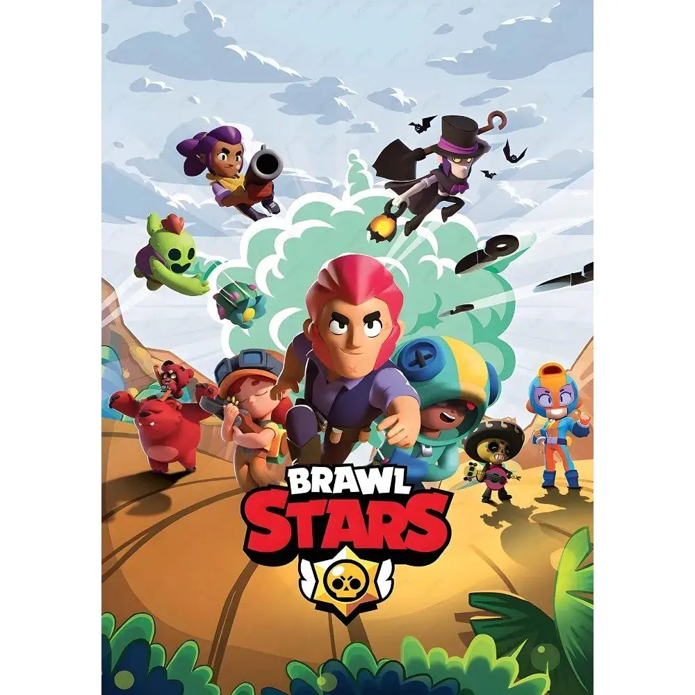 Decorbites™ vintage game poster wall art featuring colorful brawl stars characters in dynamic outdoor action poses