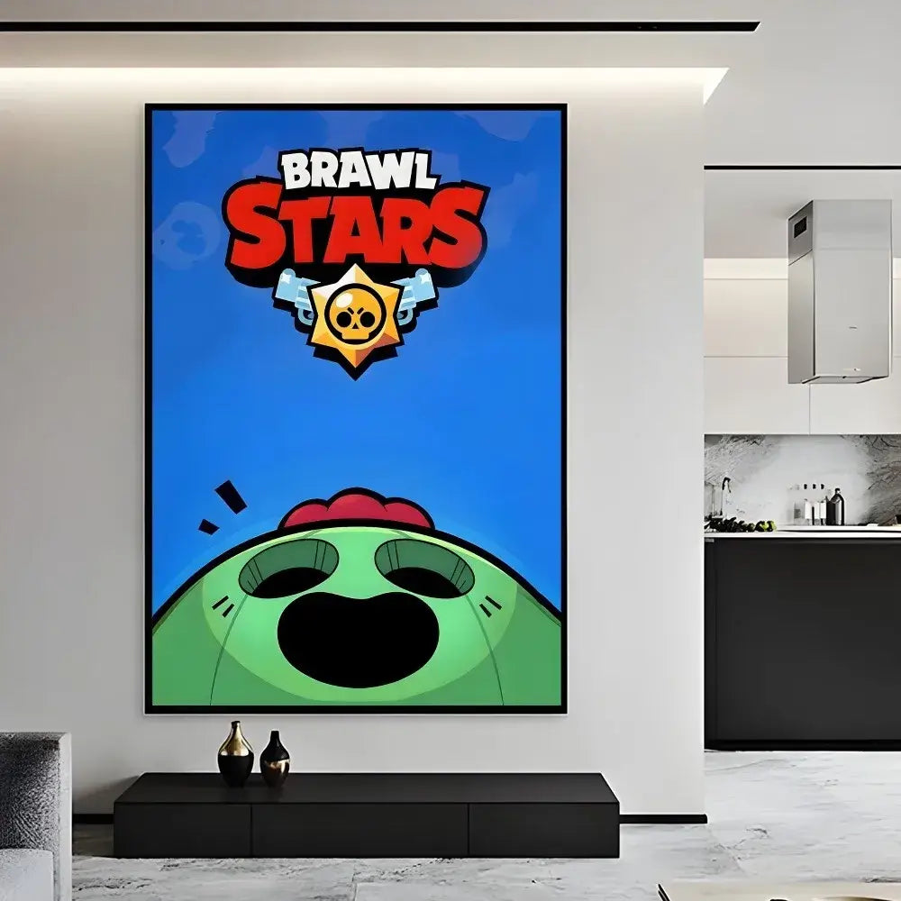 DecorBites vintage game poster wall art featuring vibrant blue background and colorful Brawl Stars design for home decor