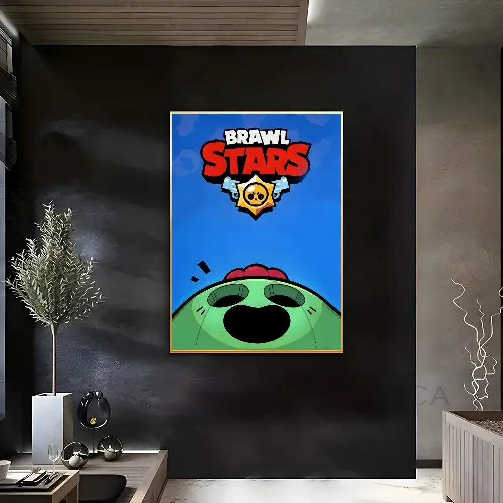 DecorBites™ vintage game poster wall art featuring Brawl Stars green character with red hair on blue background
