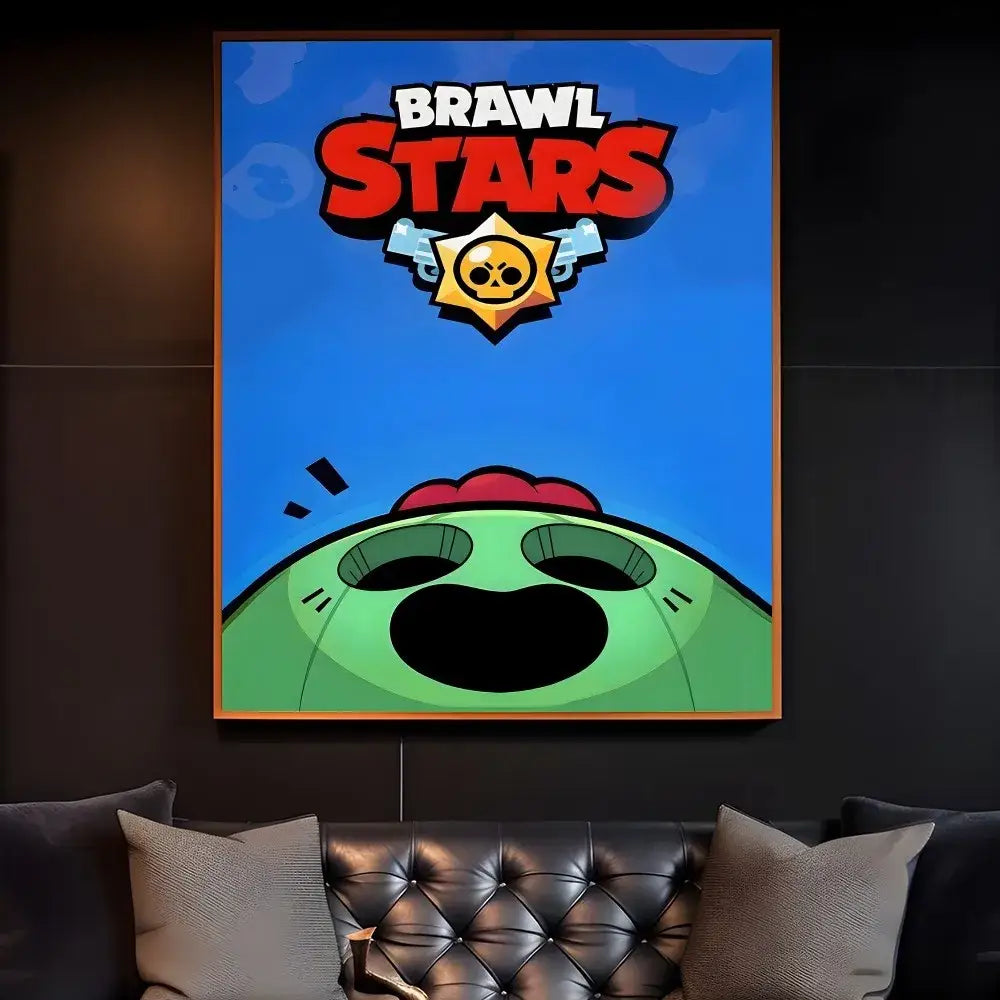 A framed decorbites™ vintage game poster wall art featuring a vibrant blue background with brawl stars logo and green character