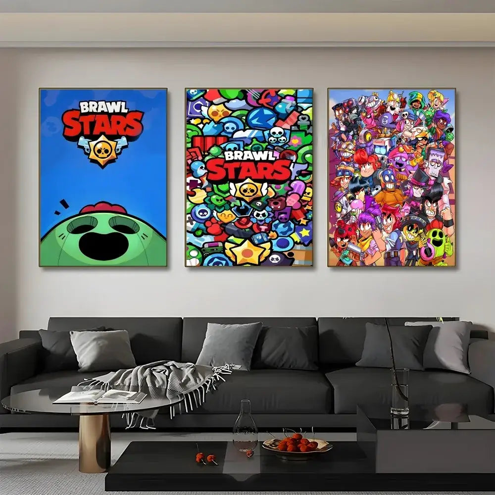 Three framed vibrant colorful vintage game posters featuring brawl stars characters as decorbites™ wall art for home decor