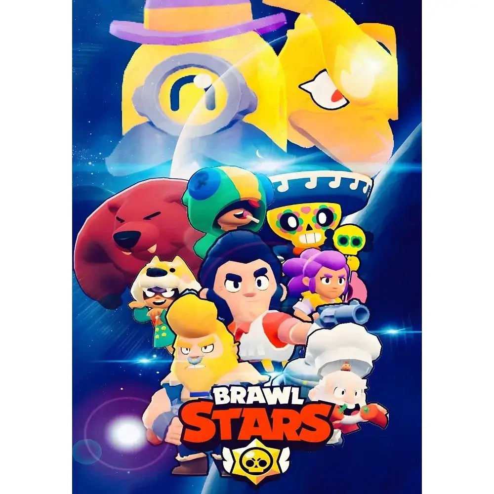 Vibrant cartoon-style vintage game poster wall art featuring brawl stars characters against a blue cosmic background