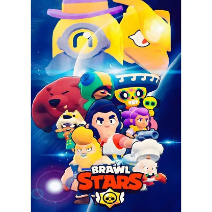 Vibrant cartoon-style vintage game poster wall art featuring brawl stars characters against a blue cosmic background