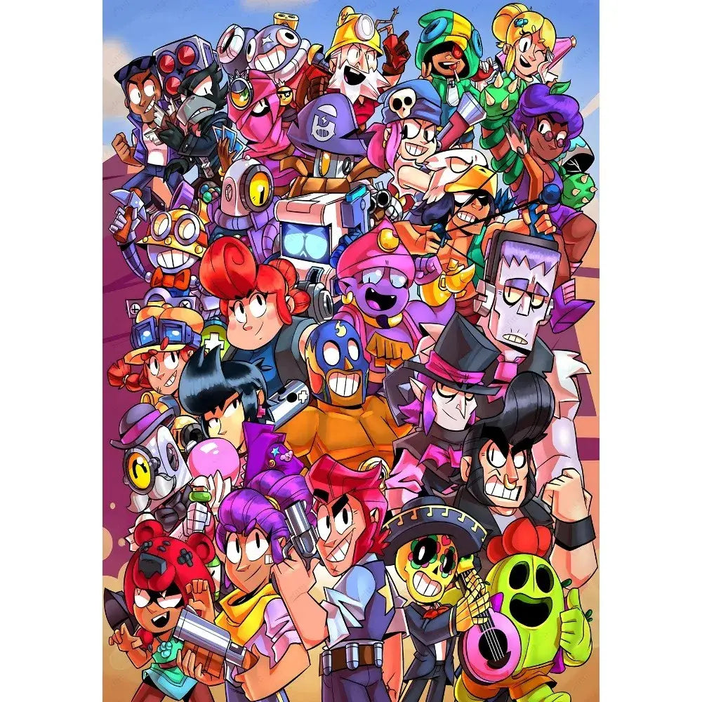 DecorBites™ vintage game poster wall art featuring a vibrant colorful crowd from the game Brawl Stars for home decor