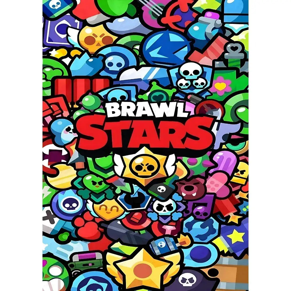 Decorbites™ vintage game poster wall art featuring vibrant cartoon brawl stars logo with red lettering and yellow star skull face