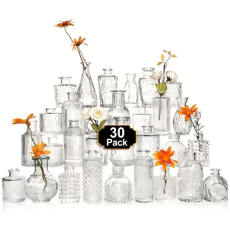 Set of 30 clear glass bud vases with vintage-inspired embossed designs by DecorBites™ for elegant decor