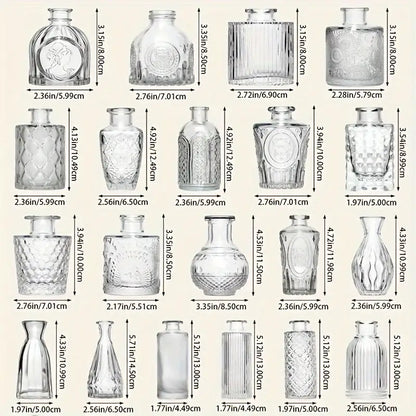 DecorBites™ vintage glass bud vases set of 30 clear glass bud vases with intricate embossed patterns and varied shapes