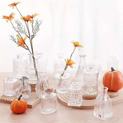 DecorBites™ vintage glass bud vases set of clear glass bud vases with intricate etching and orange flowers