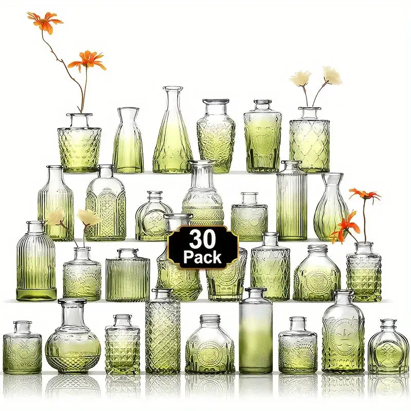 Set of 30 green gradient vintage glass bud vases with intricate embossed patterns by decorbites™