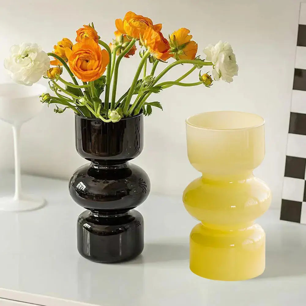 DecorBites vintage black glossy stacked glass flower vase in nordic style for elegant home decor use