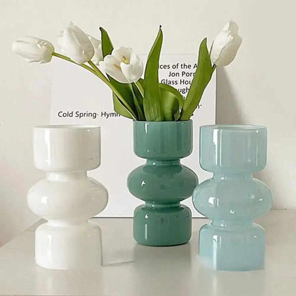 DecorBites vintage glass flower vase set in white teal and light blue glossy hues for Nordic style decor
