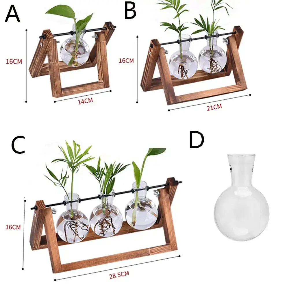 DecorBites™ vintage glass vase tray with wooden triangular stand holding three clear hydroponic plant vials