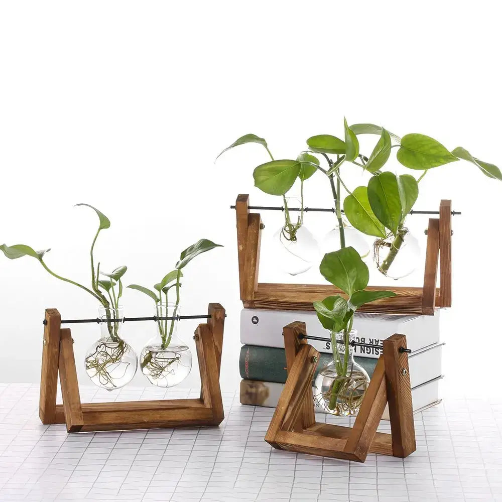 DecorBites™ vintage wooden a-frame planter with clear glass vase hydroponic plant and bonsai flower pot design