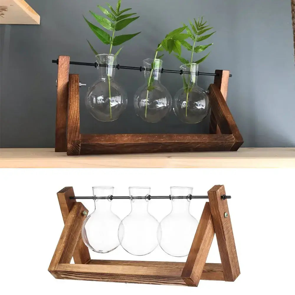 DecorBites™ vintage wooden-framed glass vase tray with three clear spherical hydroponic plant holders