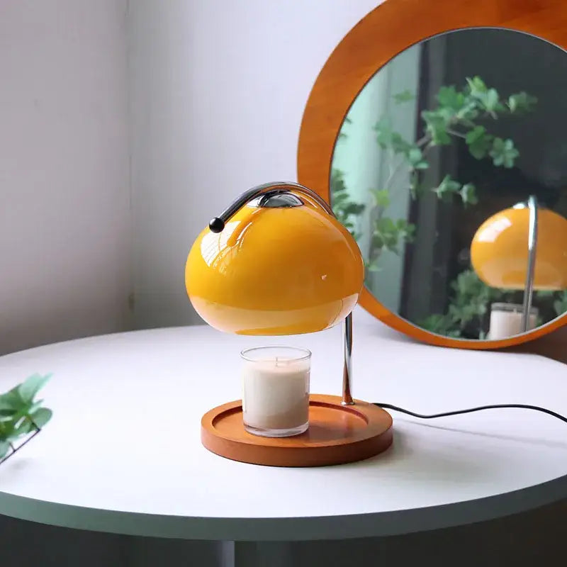 DecorBites vintage glass table lamp candle warmer in vibrant yellow with black handle and chrome stand on wooden base