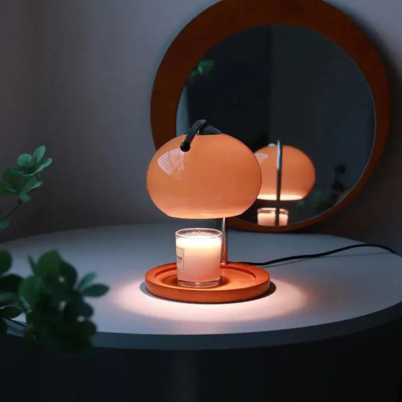 Decorbites vintage glass table lamp candle warmer with warm amber glass, metal stand, and wooden circular base for gentle illumination