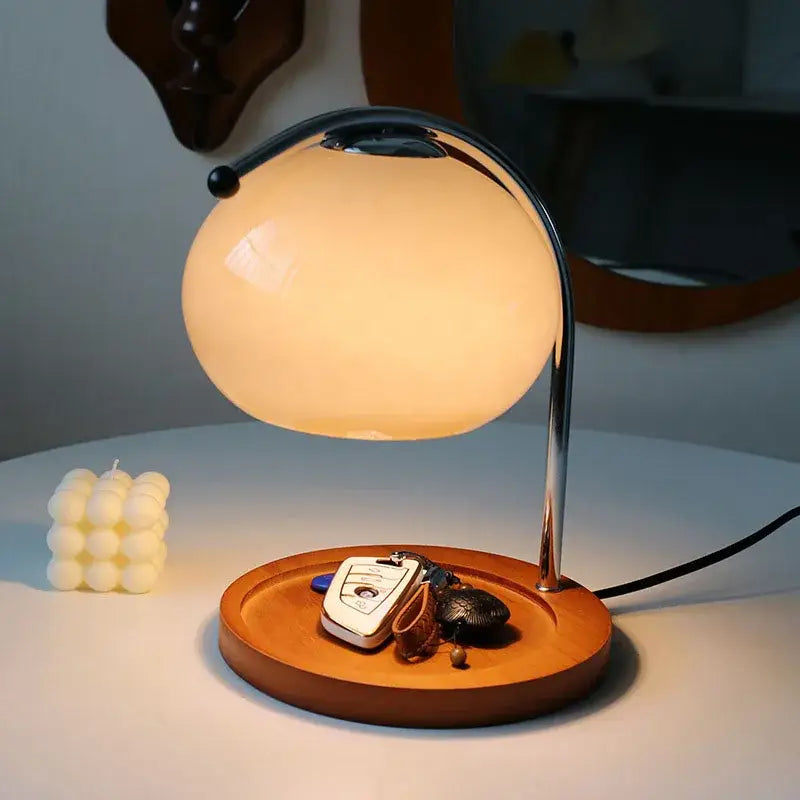 Decorbites™ vintage glass table lamp candle warmer featuring a warm-toned spherical glass lamp with chrome stand and wooden base