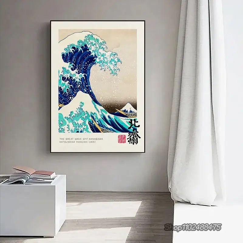 A framed canvas print of vintage great wave by katsushika hokusai featuring dynamic blue wave and mount fuji background