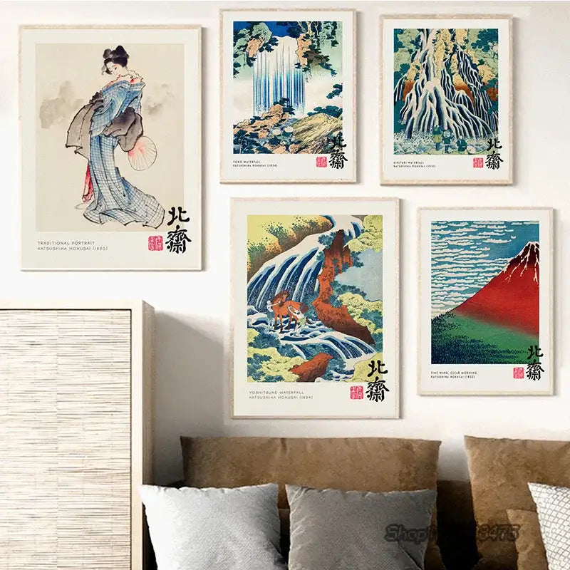 Set of five framed japanese woodblock prints featuring vintage great wave canvas print with geisha and mount fuji motifs