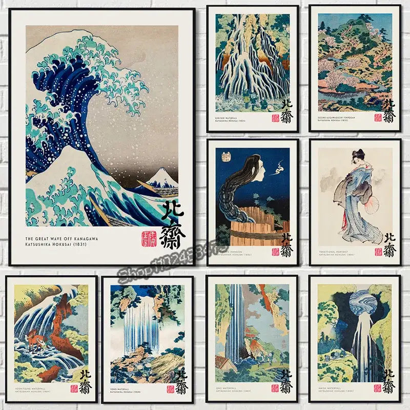 Set of nine framed vintage great wave canvas prints by katsushika hokusai featuring classic ukiyo-e style artwork