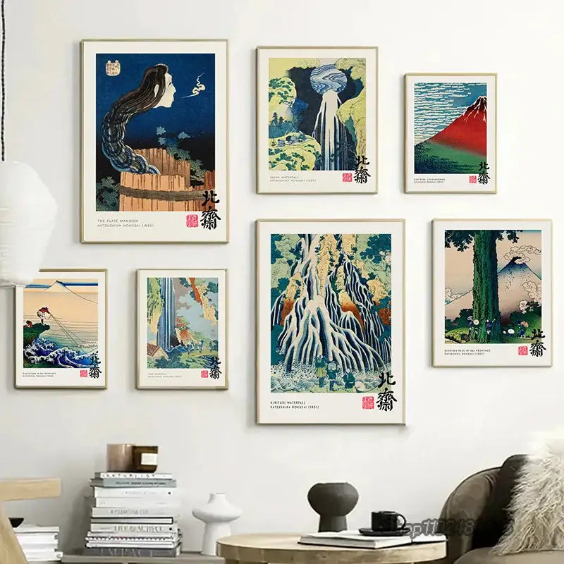 Set of six framed vintage great wave canvas prints featuring vibrant colors and traditional ukiyo-e designs