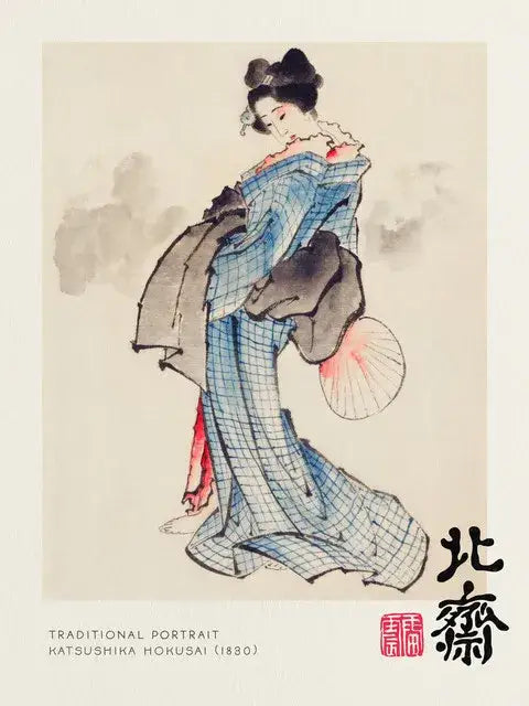 Decorbites™ vintage great wave canvas print featuring a traditional japanese geisha in blue and white kimono holding a fan