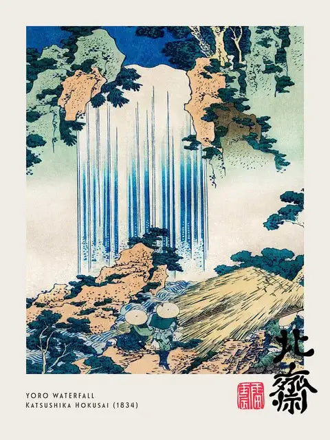 Decorbites™ vintage great wave canvas print featuring a traditional japanese woodblock waterfall in blues and earth tones